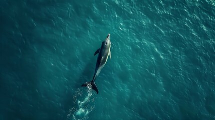 Aerial view of alone Bottlenose dolphin in blue sea. Aquatic animal in Black sea