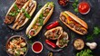 © Emil - An assortment of fast food filled with chicken, beef and herbs on a dark stone table. Buffet scene with take-out or delivery. Burgers, shawarma and hot dogs. Top view
