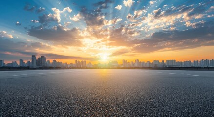 Wall Mural - Empty asphalt floor with a city skyline background at sunset 