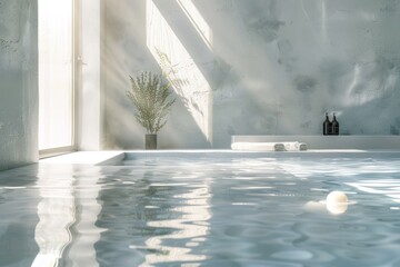 Poster - A bathroom with a large window and a potted plant, great for brightening up the space