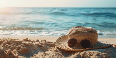 Poster - A person wearing a straw hat and sunglasses relaxing on a sandy beach