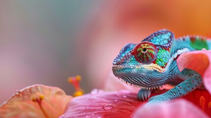 Chameleon on the flower. Beautiful extreme close-up. 