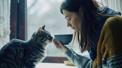 Poster - A woman is feeding a cat with a cup of coffee, a unique and unusual moment captured in this photograph