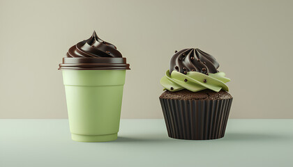 Wall Mural - Chocolate cupcakes with a cup of hot black coffee