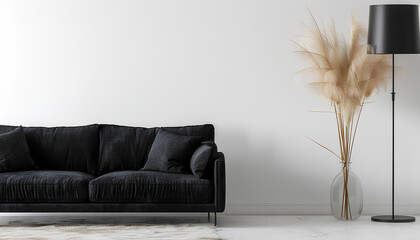 Wall Mural - Cozy black sofa, lamp and vase with pampas grass isolated on whi