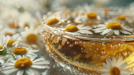 A close-up view of a bowl containing water with flowers