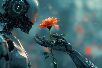 Wall Mural - Futuristic robot holding a flower. Generative by AI