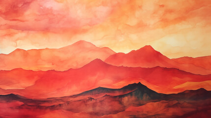 Wall Mural - Watercolor sunset over mountain range landscape