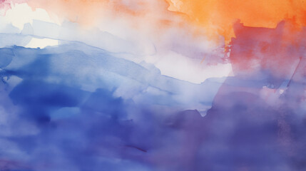 Wall Mural - Watercolor minimalist sunset landscape. The sky is painted in shades of orange, pink, and blue