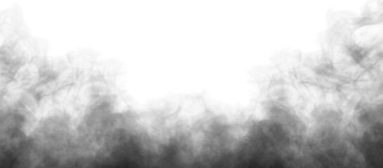 Wall Mural - Black fog or smoke isolated on transparent white background. Steam explosion special effect. Effective texture of steam, dark fog, smoke png. Vector illustration.