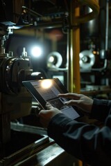 Poster - Factory worker using tablet computer for work purposes