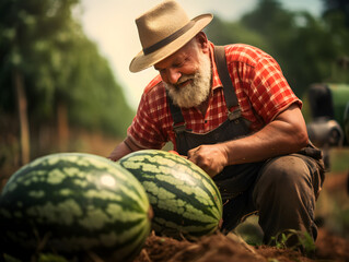 Wall Mural - An old farmer man checking on ripe watermelons growing on the ground in summer, blurred background 