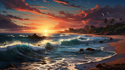 Wall Mural - A seaside view with waves gently washing onto the shore beneath a pastel-colored sunset