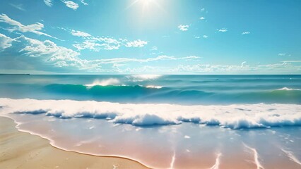 Wall Mural - A sandy beach with waves washing onto the shore under a sunny sky, A sun-drenched beach with sparkling blue waves