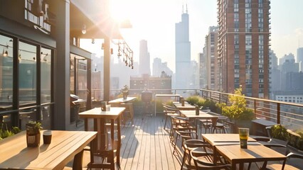 Sticker - Wooden tables and chairs on a rooftop deck with city view, A sun-drenched rooftop terrace, overlooking a bustling city skyline