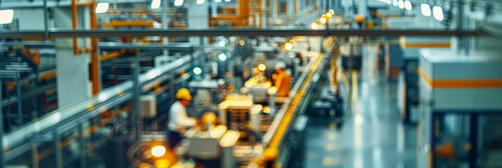 Fototapete - A manufacturing plant with automated machinery and workers overseeing production lines, showcasing the role of technology and human oversight in business operations