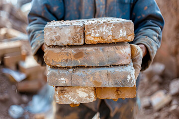 Worker carrying brick on construction site, manual labor