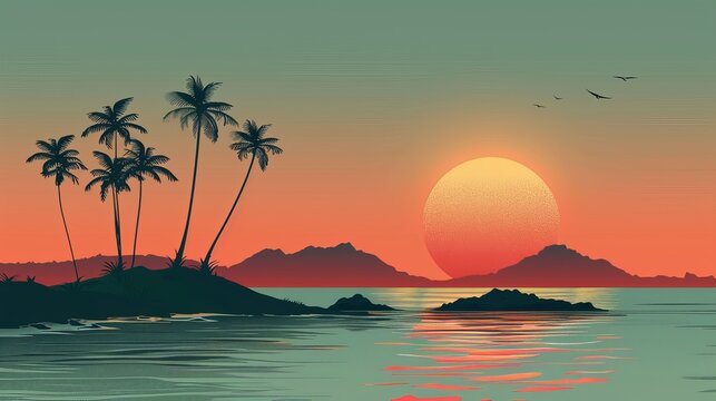 Tranquil Sunset Over a Tropical Island With Palm Trees