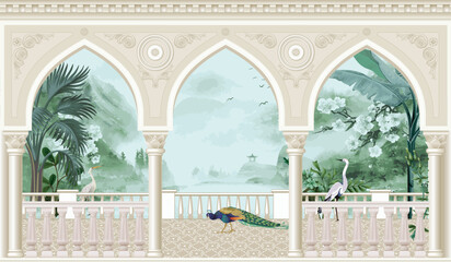 Traditional Mughal garden, arch landscape wallpaper. Mughal wedding invitation wallpaper design.