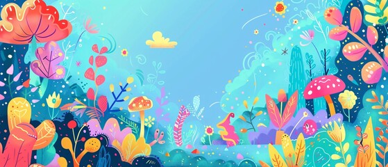 Wall Mural - A colorful painting of a forest with a mushroom and a flower