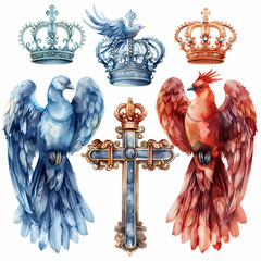 Wall Mural - holy trinity symbols of cross crown and dove on watercolor background