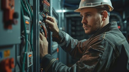 A male electrician works in a switchboard with an electrical connecting cable. hyper realistic 