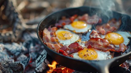 Camping breakfast with bacon and eggs in a cast iron skillet. Fried eggs with bacon in a pan in the forest. Food at the camp. Scrambled eggs with bacon on fire. Picnic