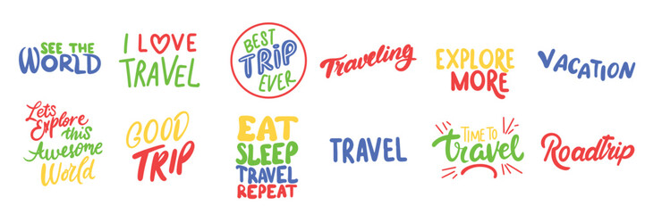 Wall Mural - Collection of text about travel. Hand drawn vector art.