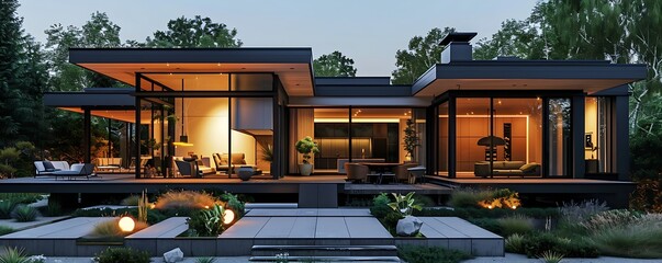 Wall Mural - A modern suburban house with a sleek gray exterior, black metal roofing, and large glass windows, with a minimalist garden design and geometric shapes in the landscaping.