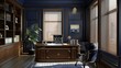 © Johannes - Blue CEO office interior with bookcase hyper realistic