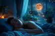 © Наталья Евтехова - A serene bedroom scene with a person sleeping, bathed in the soft glow of moonlight, and a window overlooking a calm, star-filled night