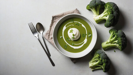 Vegetable cream soup, broccoli and cream puree soup, healthy food dish.