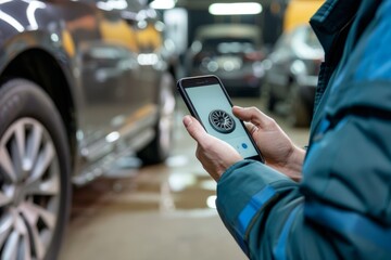 Car Owner Using Smartphone App for Tire Rotation Scheduling and Maintenance Service