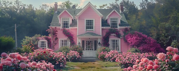 Wall Mural - A suburban house with a soft pink exterior and white accents, with a lush garden filled with rose bushes, set in a quiet neighborhood.