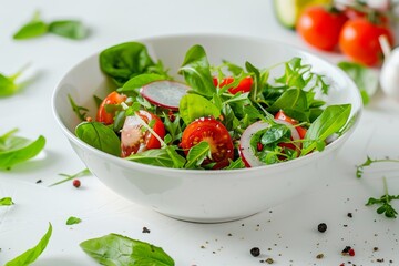 Fresh green salad with tomatoes and onions, showcasing a healthy, vibrant meal in a bright, inviting setting perfect for a nutritious lifestyle