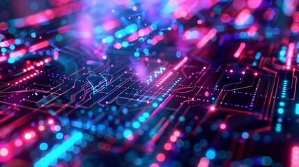 A computer chip with a blue and red background