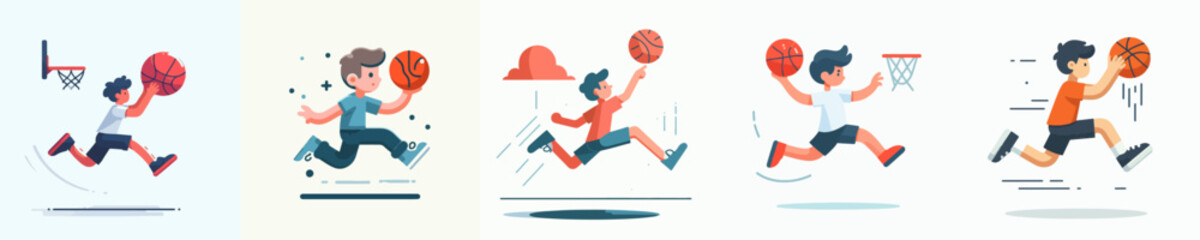 Canvas Print - vector set of kid jumping playing basketball