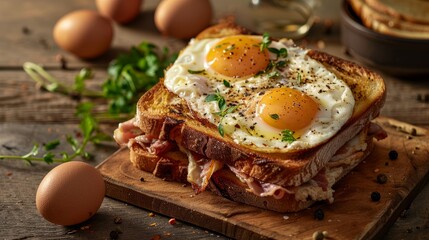 Wall Mural - A close-up of a classic French Croque Monsieur sandwich topped with two sunny-side-up eggs, nestled on a rustic wooden cutting board