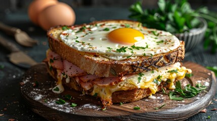 Wall Mural - A close-up image of a mouthwatering croque monsieur sandwich topped with a fried egg and fresh parsley, resting on a wooden cutting board