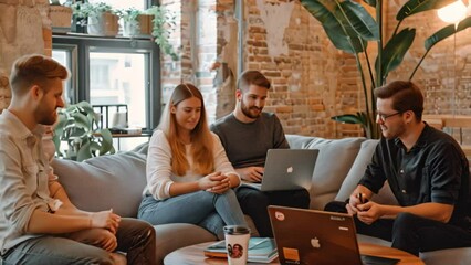 Sticker - Team of entrepreneurs discussing plans while sitting on a couch with laptops, A team of happy entrepreneurs discussing plans for their next venture