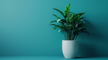 White pot with leafy green plant against solid turquoise blue background, minimal life simple