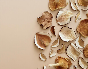 Wall Mural - composition with dried mushrooms on sof beige background with copy space