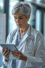 Wall Mural - Hospital doctor, woman, and tablet for medical review, data study, and healthcare app. Serious female doctor, digital technologies, telemedicine consulting, surgery, and internet info