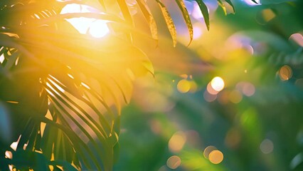 Wall Mural - Jungle leaves with sunlight. Tropical coconut palm leaf swaying in the wind with sun light, Summer background, slow motion. Exotic Rain forest 4k video