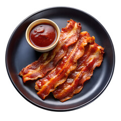 Wall Mural - a top-down view of a black plate containing three strips of crispy cooked bacon. Adjacent to the bacon, there’s a small bowl filled with a red sauce possibly ketchup or barbecue sauce