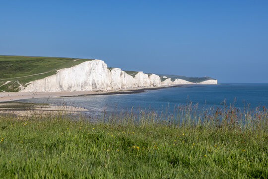 A view of the iconic Seven Sisters cliffs in Sussex, on a sunny summer's day