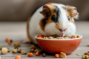 A closeup portrait of a cute guinea pig eating food from a bowl on a wooden table while looking at the camera. Beautiful natural lighting with a shallow depth of field.