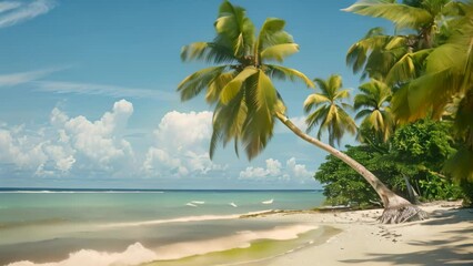Wall Mural - Palm trees sway on a beach with clear blue water under a bright sky, A tranquil beach scene with palm trees swaying in the breeze