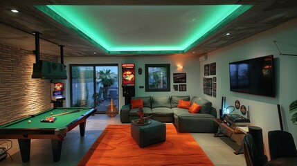 Sticker - Create the ultimate game room in your basement, featuring a pool table, arcade games, and comfortable seating for hours