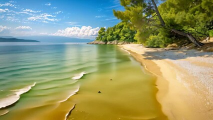 Wall Mural - A sandy beach with golden sands, clear blue water, and lush trees under a bright sky, A tranquil beach with golden sands and crystal-clear water